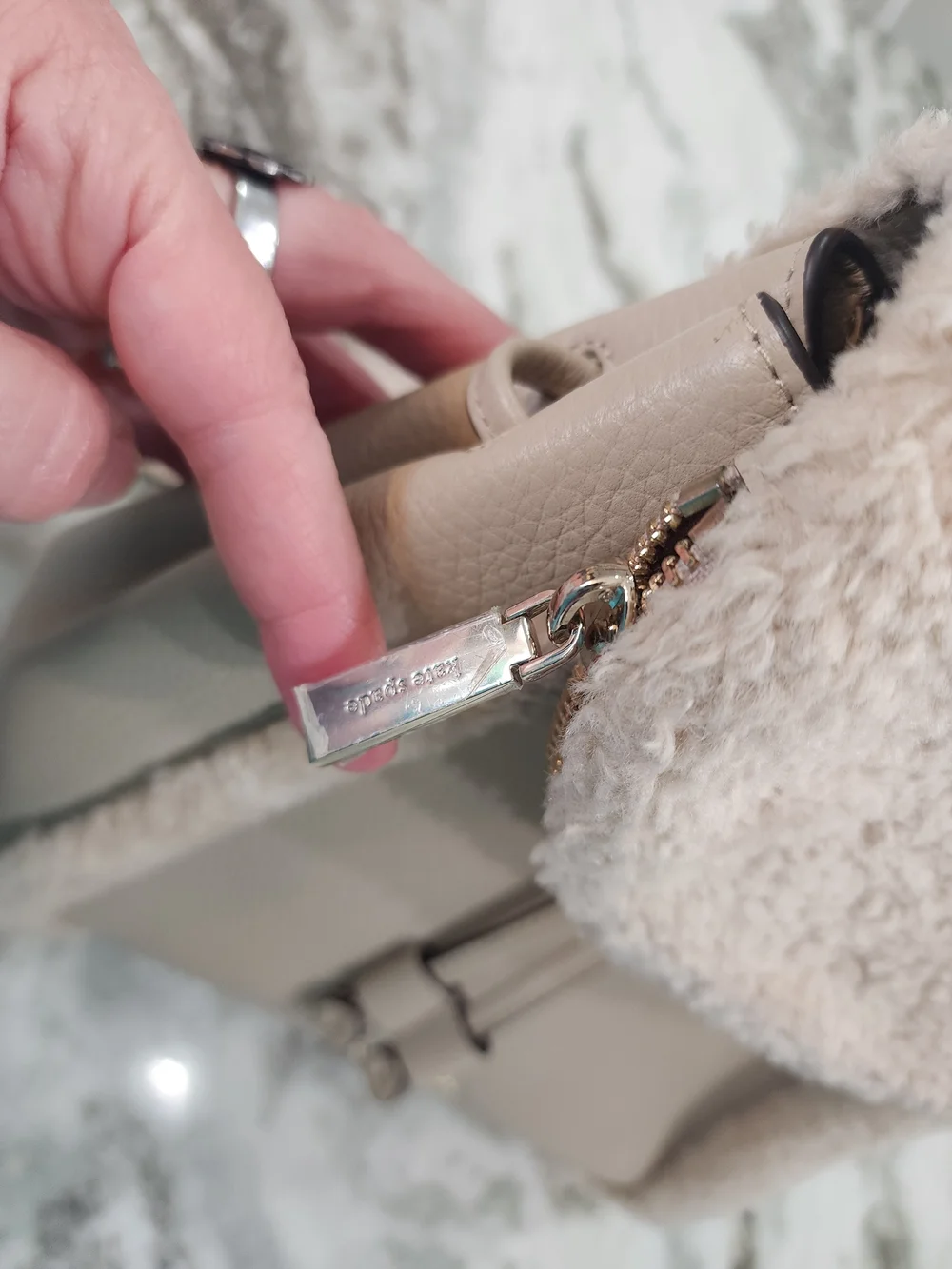 Kate Spade Cream Shearling-Trim Backpack Pen Mark See Pic